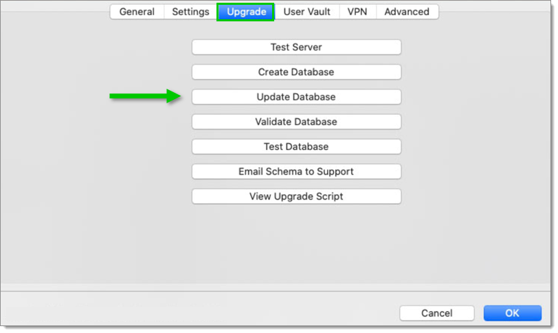 Upgrade tab – Upgrade Database