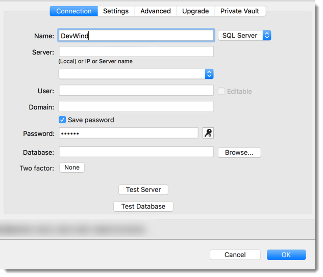 SQL Server - Connection tab