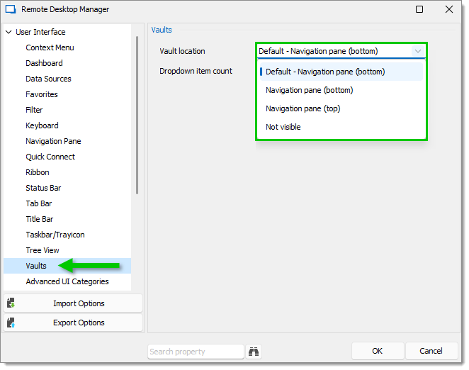 File – Settings – User interface – Vaults – Vault location