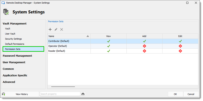 Administration – System settings – Vault management – Permission sets