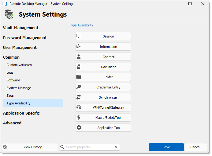 System settings – Common – Type availability