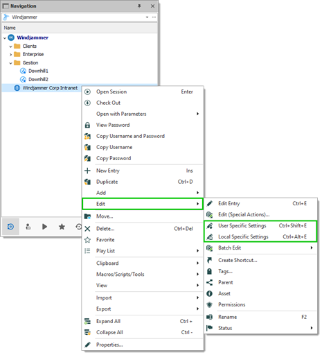 Menu contextuel – Modifier – Paramètres Spécifiques Utilisateur et Locaux