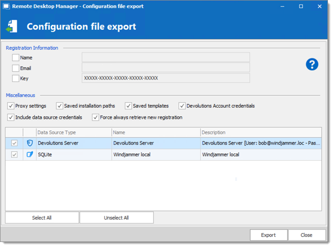 Configuration file export dialog