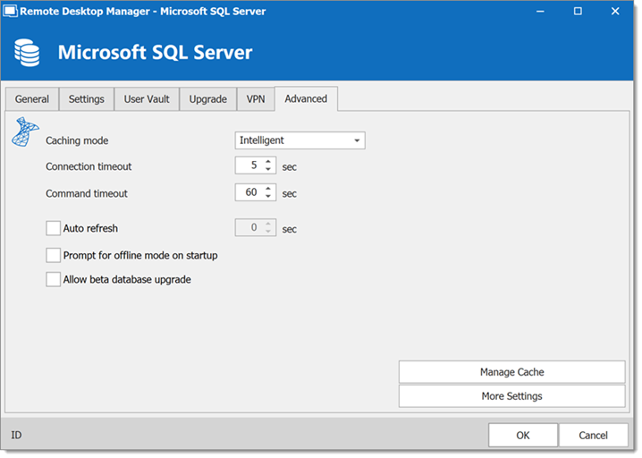 Microsoft SQL Server – Advanced tab