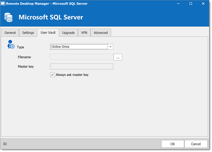 Microsoft SQL Server – User vault tab