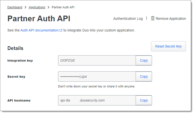 Compte Duo – Détails de l'application Partner Auth API