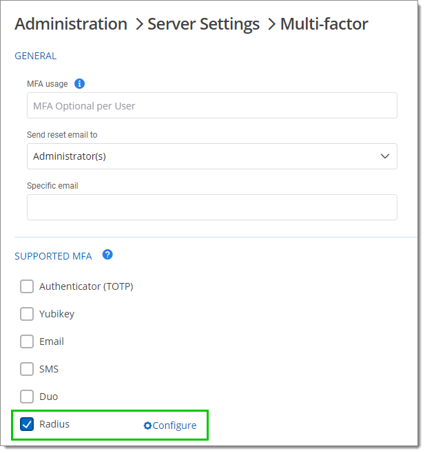 Administration – Server Settings – Multi-factor – Supported MFA – RADIUS