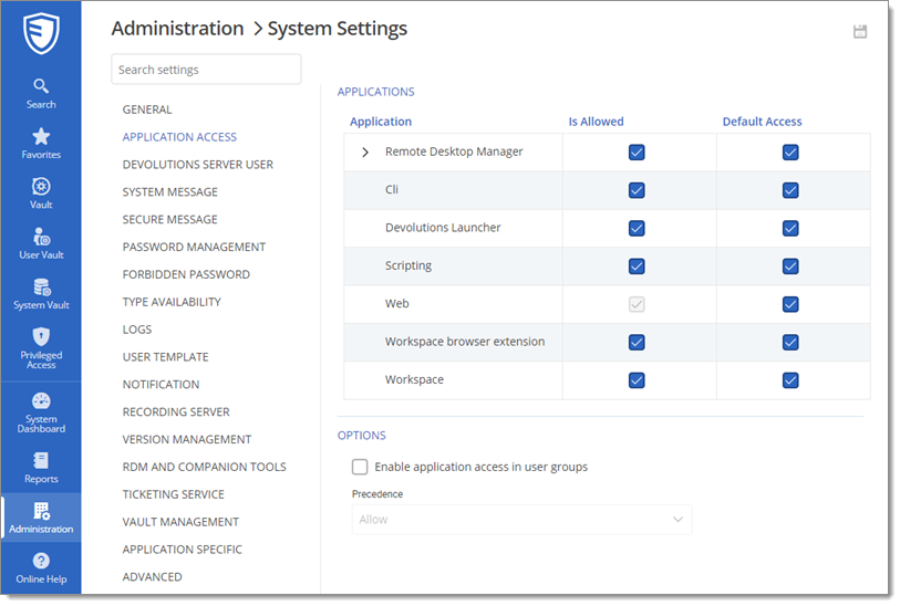 Administration – System settings – Application access