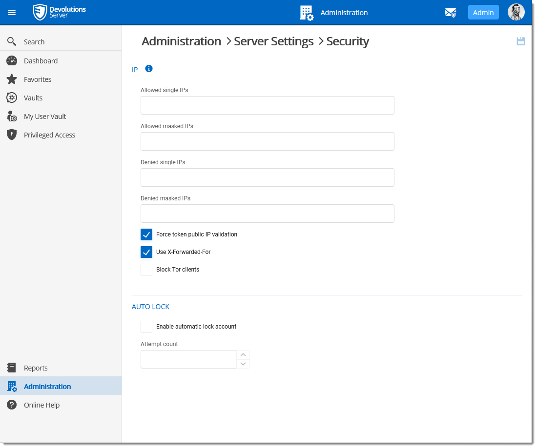 Administration – Devolutions Server Settings – Security