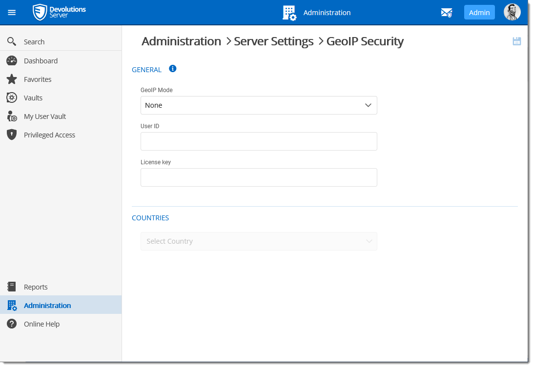 Administration – Devolutions Server Settings – GeoIP Security