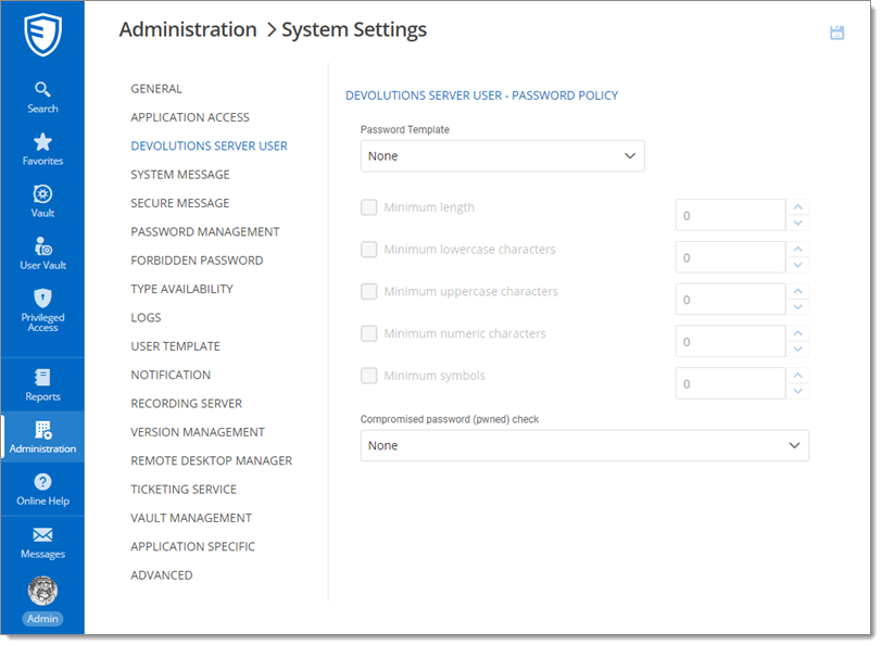 Administration – System Settings – Devolutions Server User