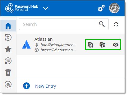 Copy Username, Copy Password, and View options