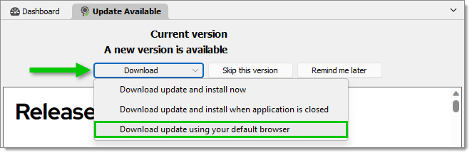 Download update using your default browser