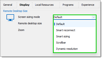 Remote desktop size settings