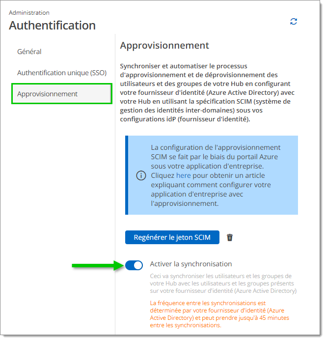 Administration – Authentification – Approvisionnement – Activer la synchronisation