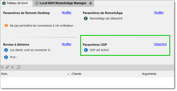 Paramètres UDP est désactivé