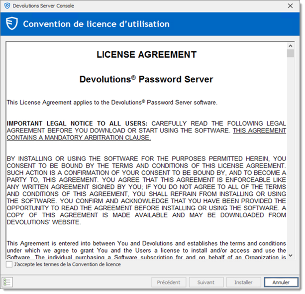 Convention de licence Devolutions Server