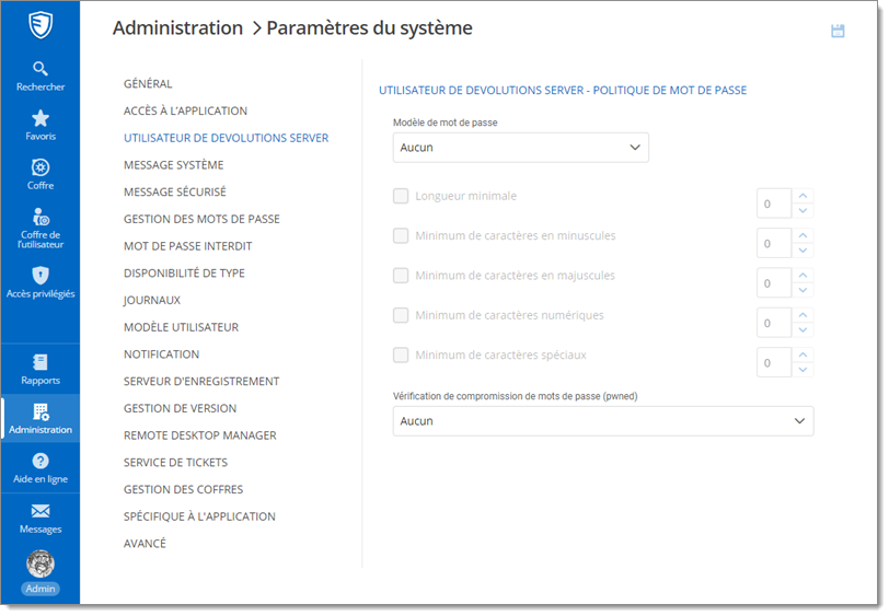 Administration – Paramètres du système – Utilisateur de Devolutions Server