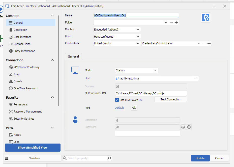 Active Directory dashboard features