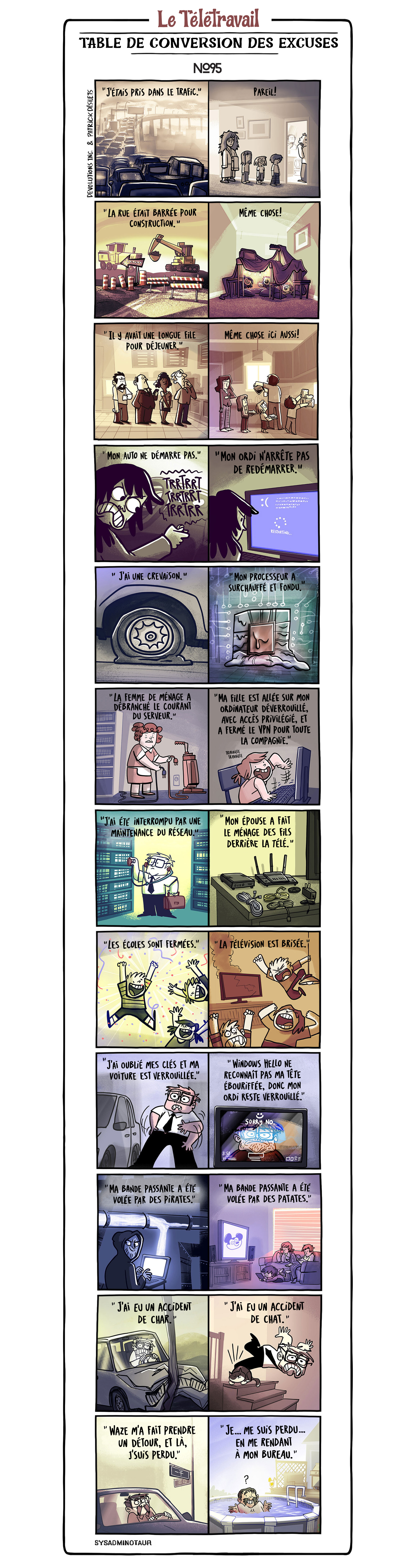 !!Sysadminotaur #95 : Table de conversion des excuses du travailleur à distance