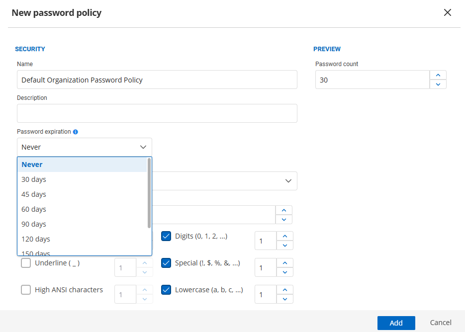 Applying password expiration settings in a password policy