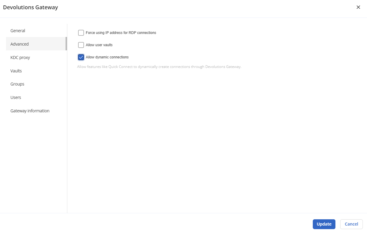 Enabling dynamic Devolutions Gateway connections