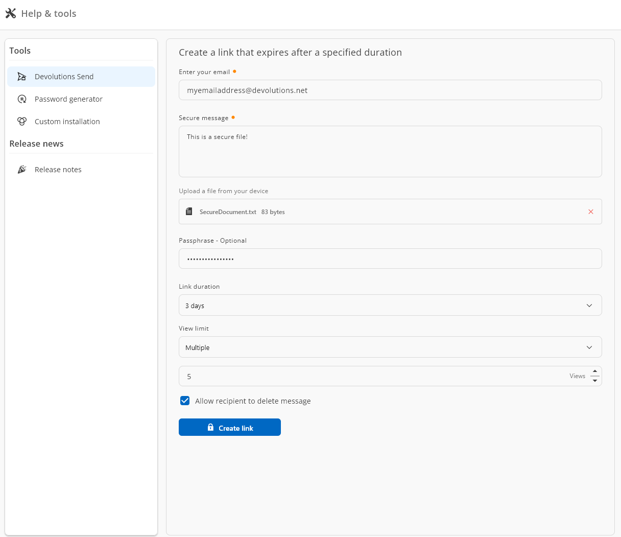 Transferring a file securely with Devolutions Send