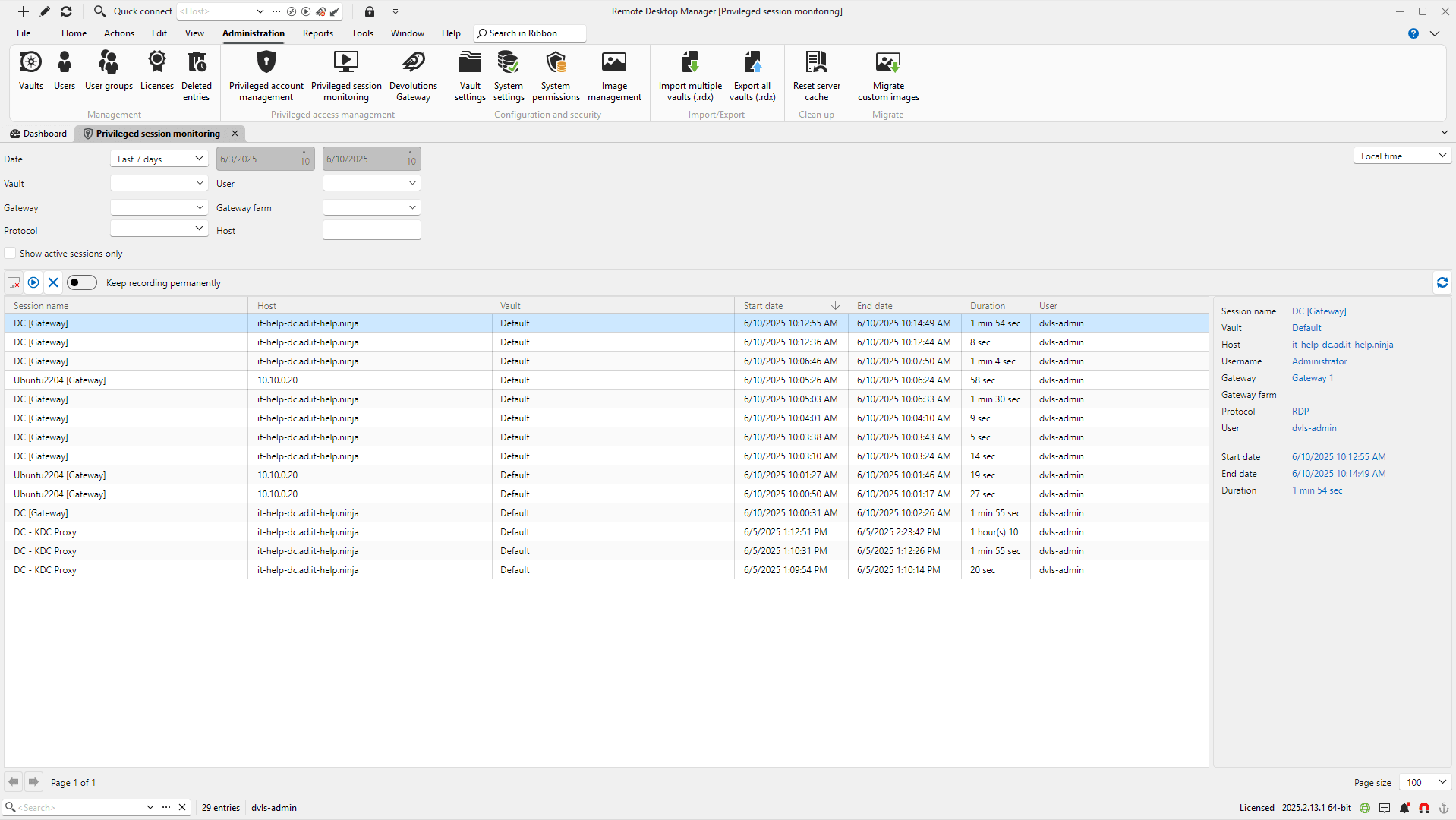 Die Ansicht zur Überwachung privilegierter Sitzungen in Remote Desktop Manager (RDM) Die Ansicht zur Überwachung privilegierter Sitzungen in Remote Desktop Manager (RDM)
