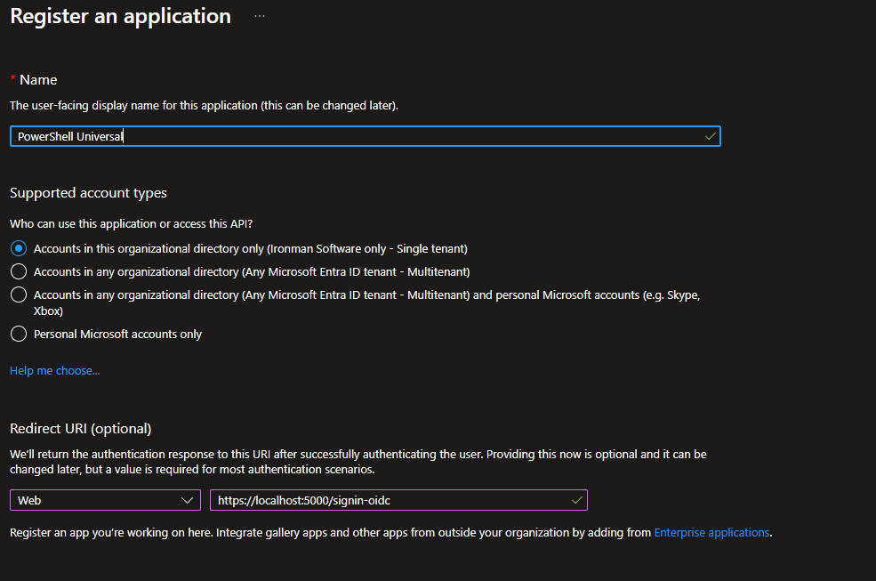 Entra ID app registration redirect URI pointing at the PowerShell Universal sign-in callback.