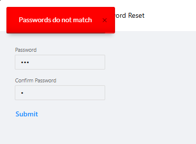 PowerShell Universal app toast warning that the passwords do not match.