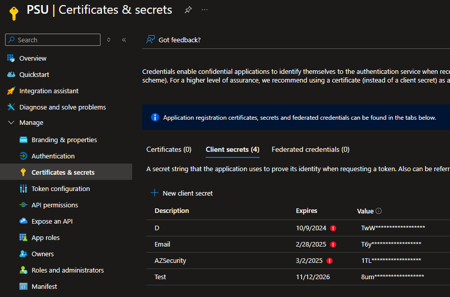 Entra ID certificates and secrets page showing a newly created client secret.