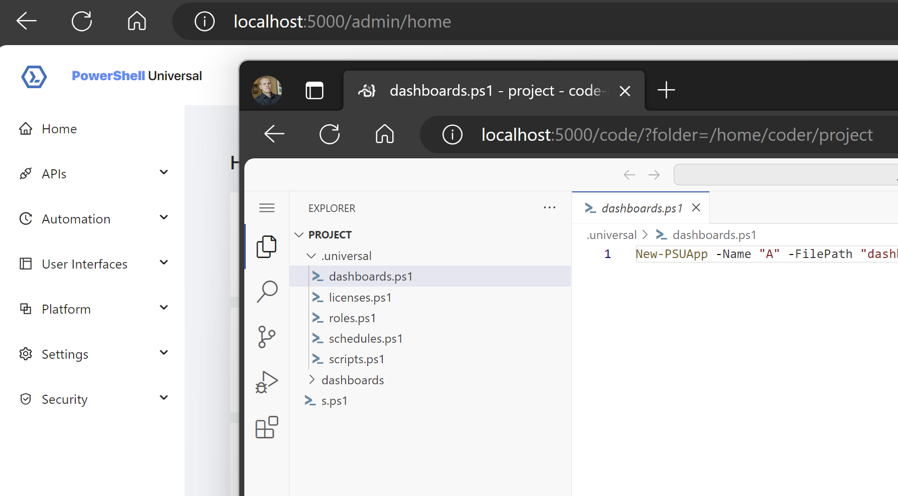 code-server in the browser showing the PowerShell Universal repository at localhost:5000/code.