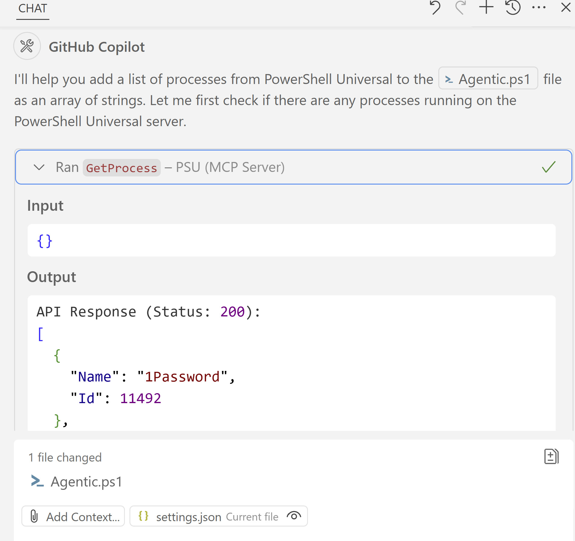 GitHub Copilot generating a PowerShell script from PowerShell Universal process data.