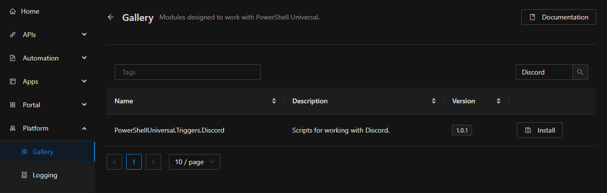 PowerShell Universal Gallery listing the Discord trigger module for install.