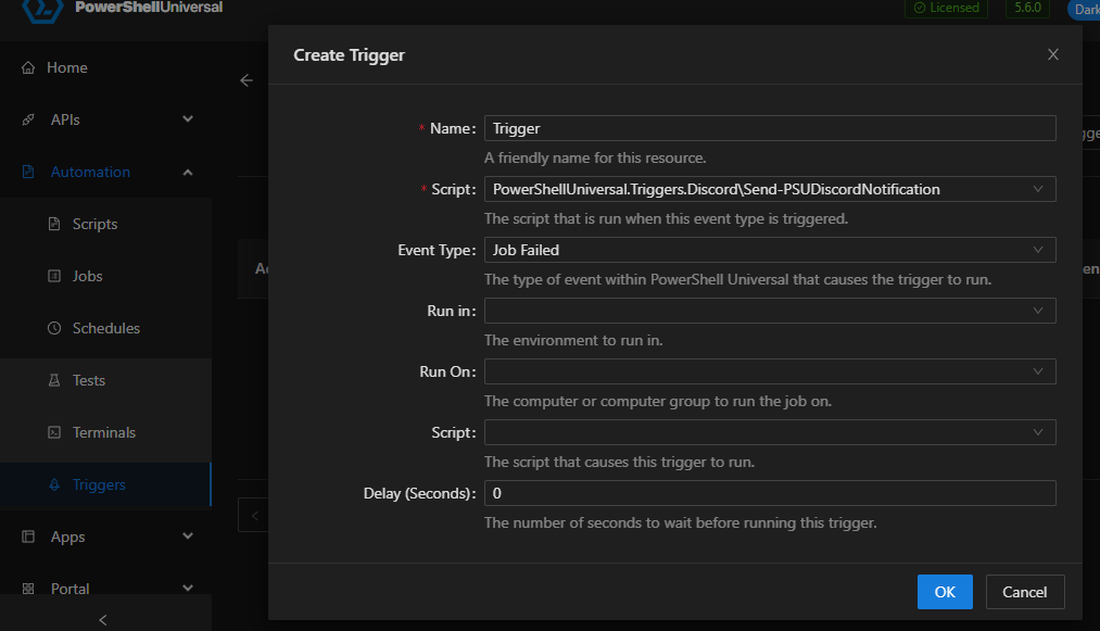 PowerShell Universal trigger form using Send-PSUDiscordNotification as the script.