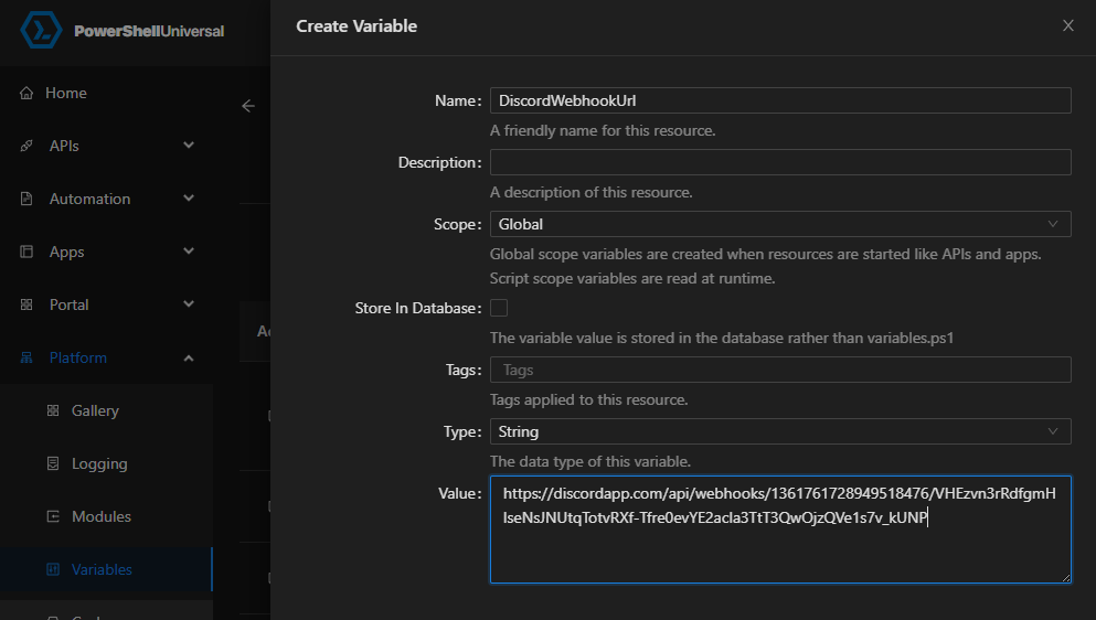 PowerShell Universal variable form for the DiscordWebhookUrl webhook value.