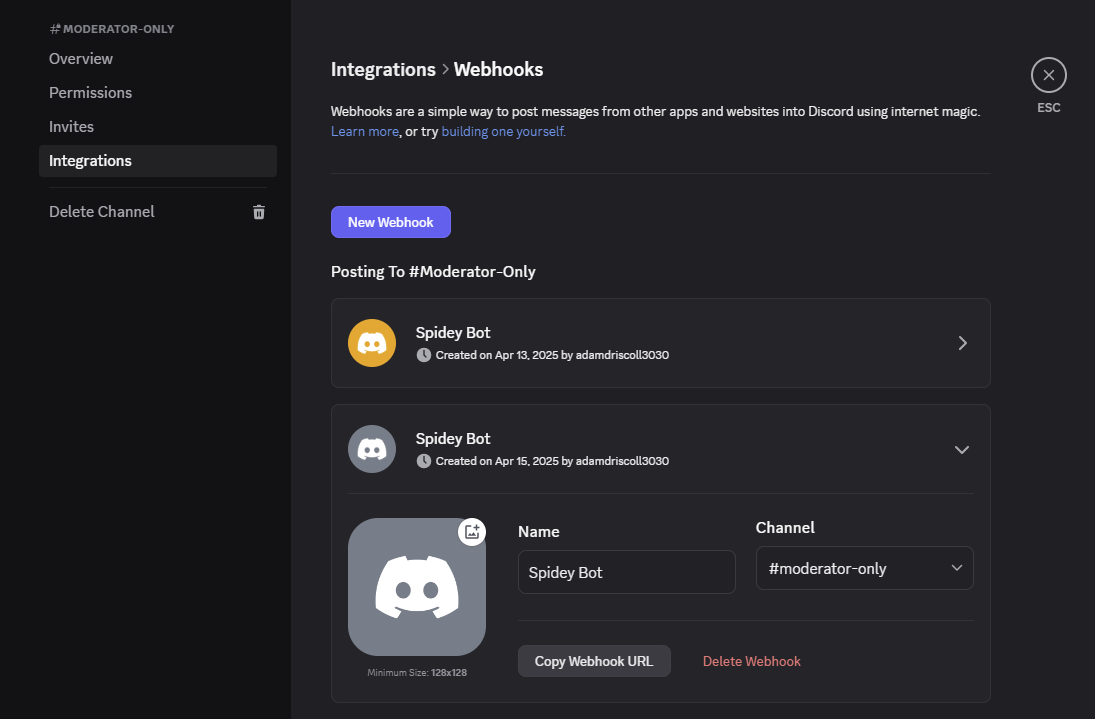 Discord channel settings showing a webhook URL ready to copy.