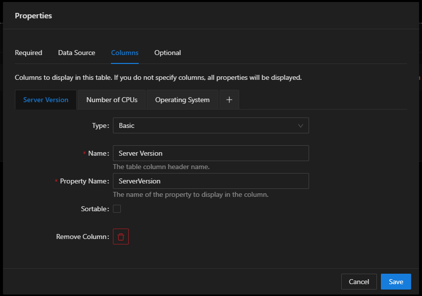 PowerShell Universal table column editor with custom names and property settings.