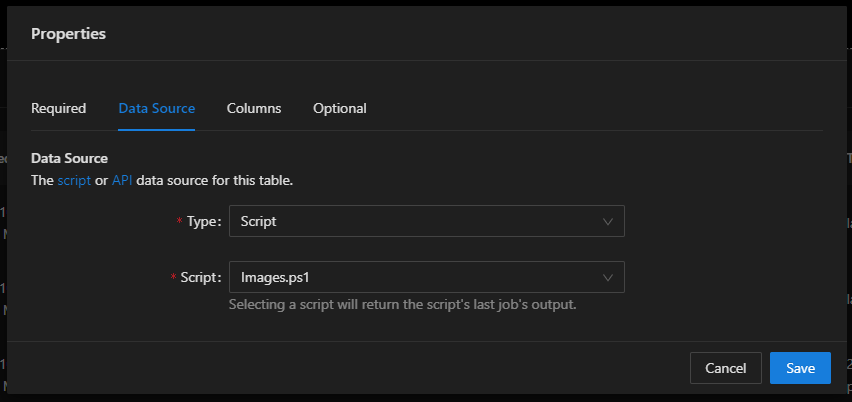PowerShell Universal table component selecting Images.ps1 as the data source.