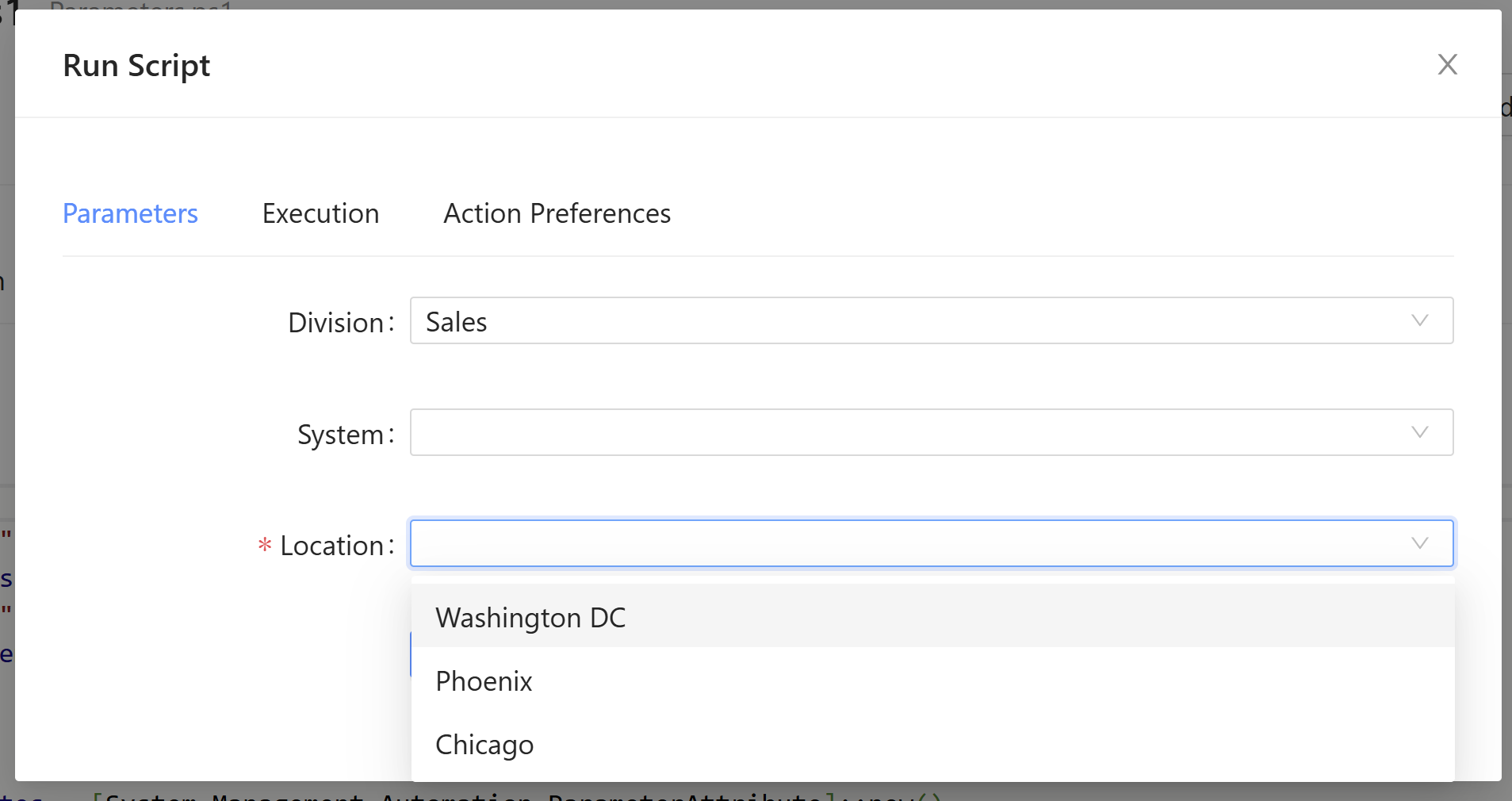 PowerShell Universal form showing a Location drop-down based on the selected division.