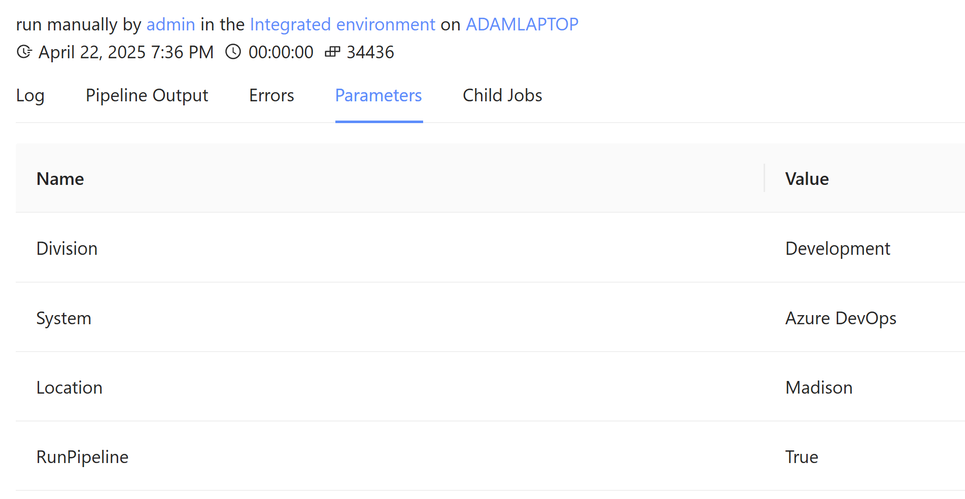 PowerShell Universal job output showing static and dynamic parameter values together.