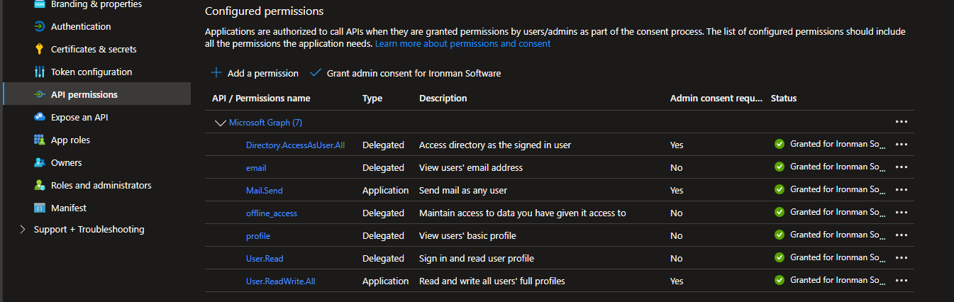 Entra ID API permissions including Directory.AccessAsUser.All for delegated password reset.