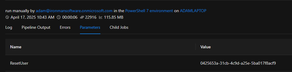 PowerShell Universal success snackbar and job history after an Entra ID password reset.