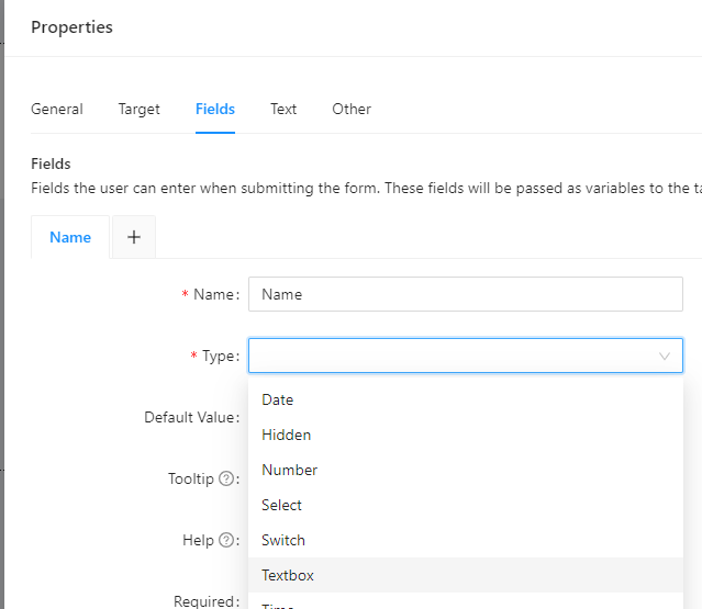 PowerShell Universal form field editor listing available input field types.