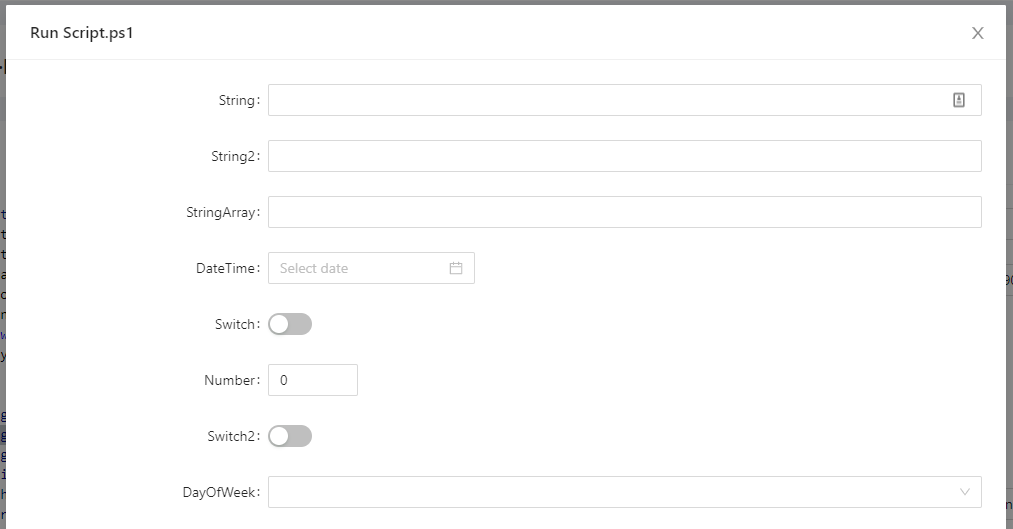 PowerShell Universal script run dialog showing auto-generated fields for each param.
