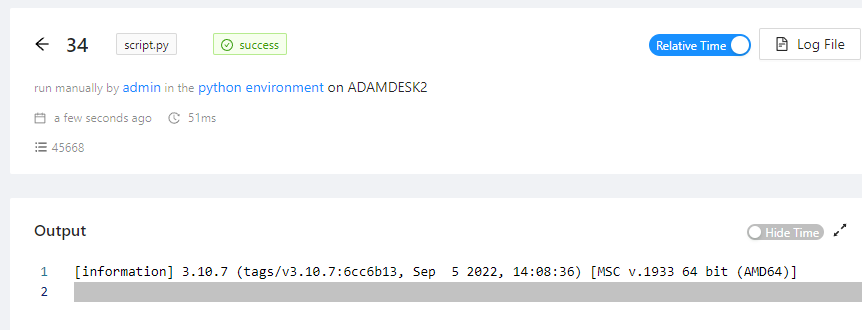 PowerShell Universal job output after running a Python script in a minimal environment.
