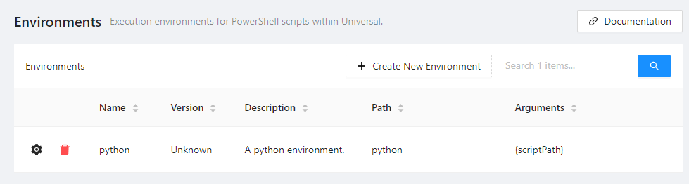 PowerShell Universal environment form with python.exe path and scriptPath command line.