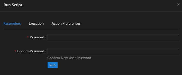 PowerShell Universal run dialog showing password and confirm password parameters.