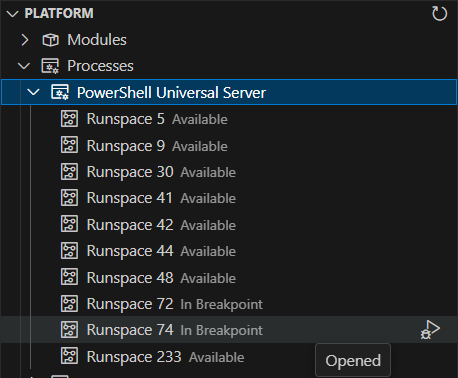 PowerShell Universal VS Code Processes view listing managed runspaces ready to attach.