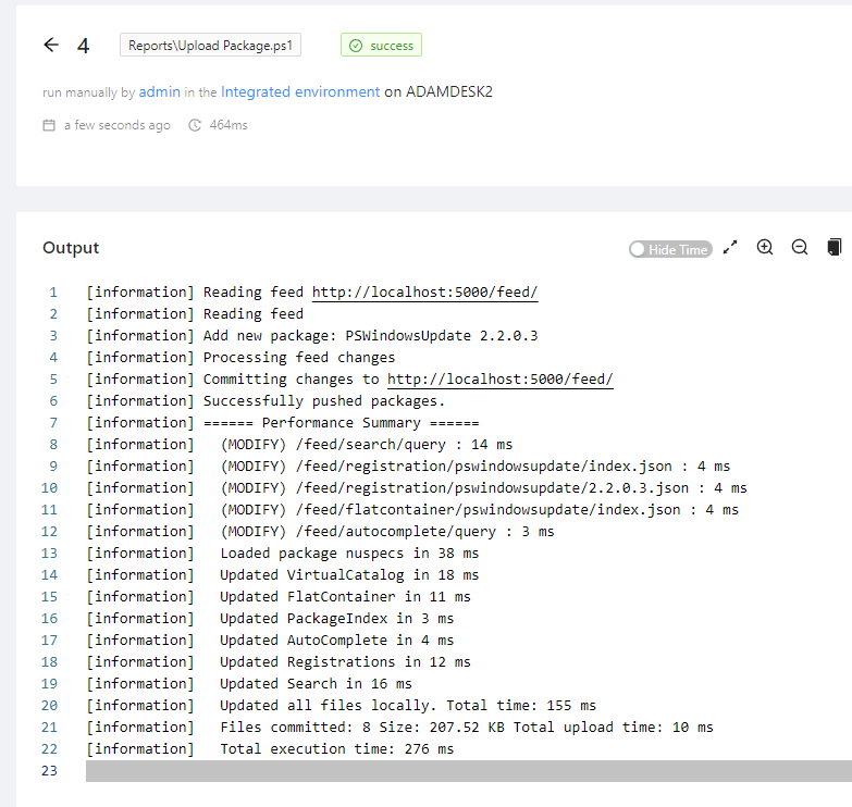 PowerShell Universal job output showing Sleet pushing PSWindowsUpdate to the local feed.